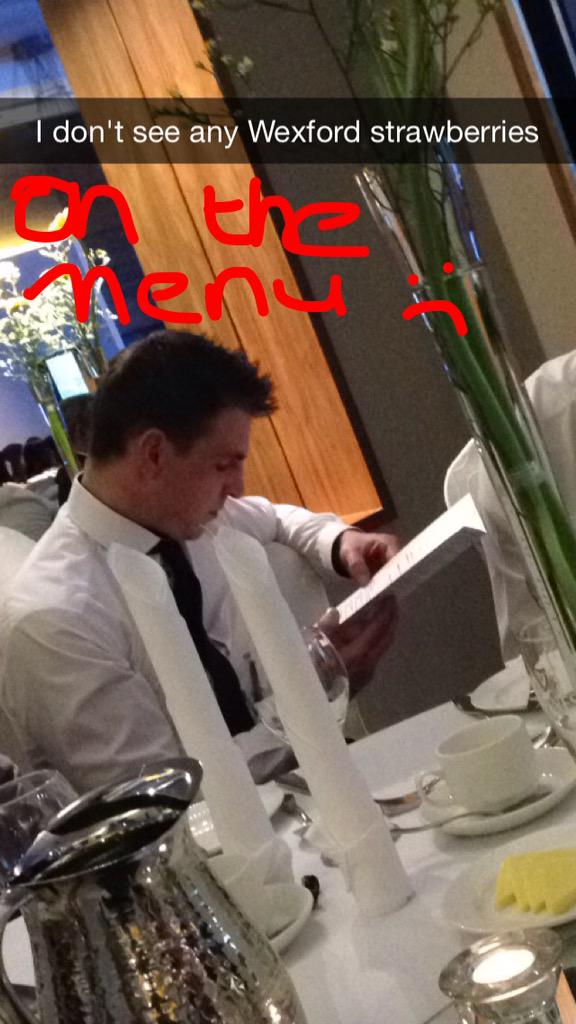 AoifeBoyle2's tweet photo. Don't think @damian_whelan is happy with tonight's menu #dkitawards2015 http://t.co/Zip3xZrQhB