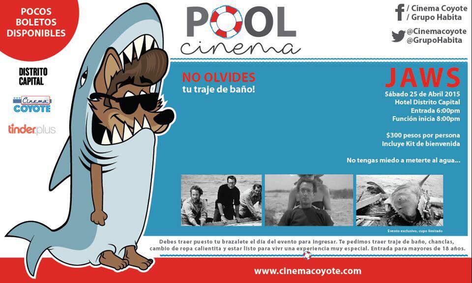 CinemaCoyote's tweet photo. #PoolCinema este sábado!!! Proyectamos Jaws y tu estarás dentro de una alberca. http://t.co/SZ7Ihlrpl3