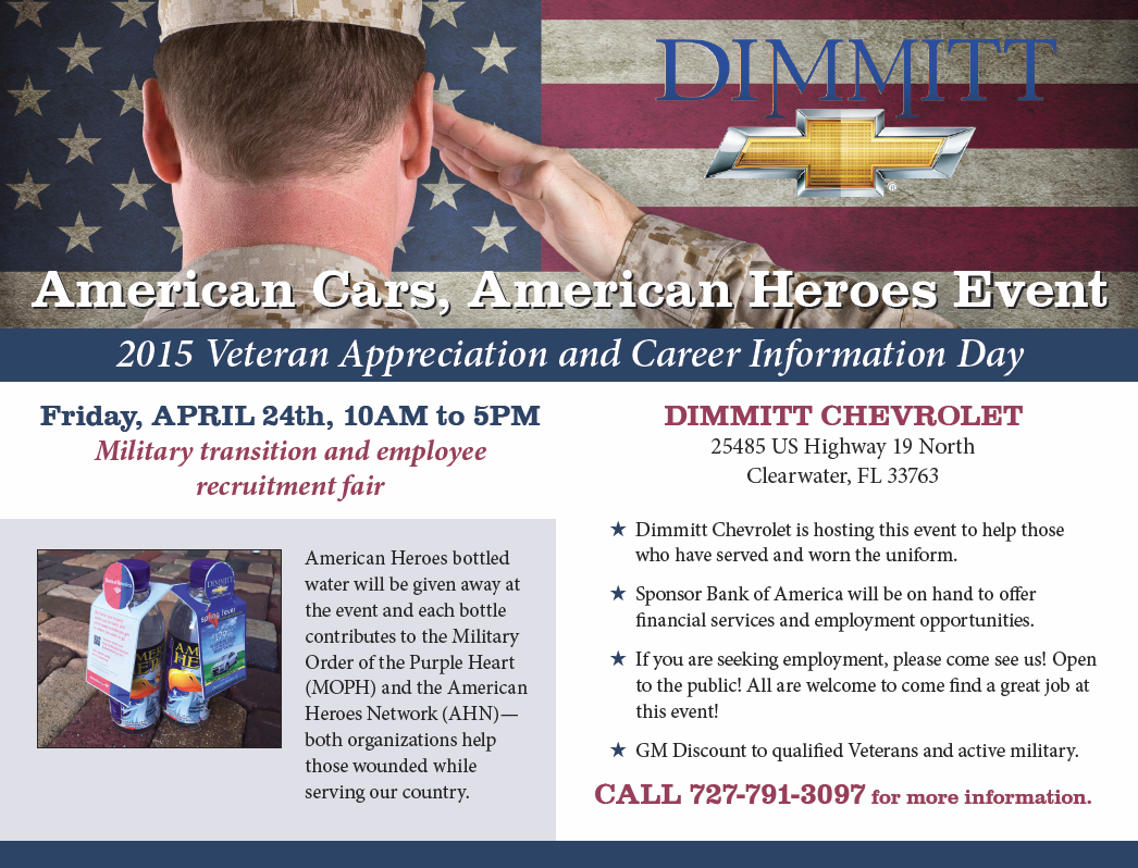 MILITARY PERSONNEL: Come to <a href="/DimmittAuto/">DimmittAutoGroup</a> Chevy on USHwy19 04/24, 10-5, for a job fair featuring CIS and S2 Institute!
