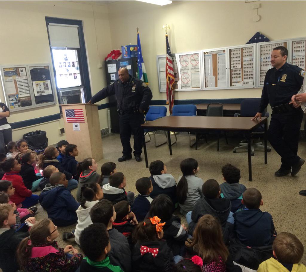 NYPD45Pct's tweet photo. 1st graders from #PS14 visited the #45pct today to talk about #ChildSafety with #SchoolUnit Sgt. Polanco &amp; PO Perez. http://t.co/ZWMI44vBul