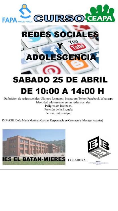 CMAsturias's tweet photo. El sábado nos vemos en el IES El Baztán de Mieres para hablar sobre Redes Sociales y Adolescencia @OfinetFormacion http://t.co/3qrB8NIc7Z