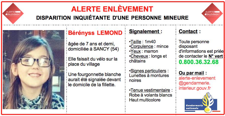 ❗️❗️ALERTE ENLÈVEMENT❗️❗️
 ► Berenyss, 7 ans Disparue à Sancy (54) Meurthe-et-Moselle #RTSVP