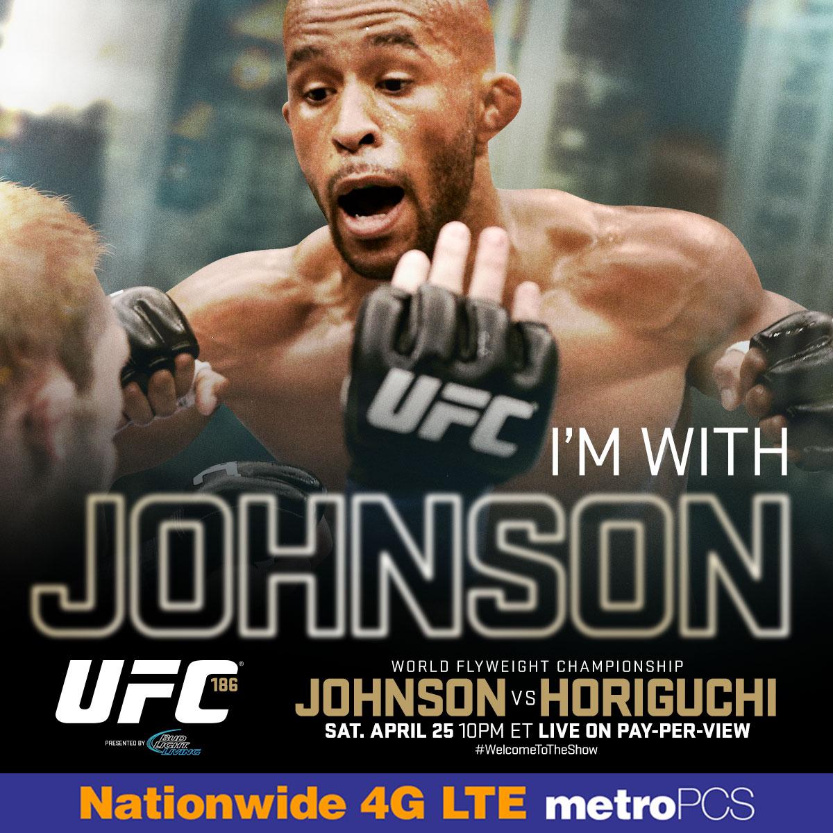 ufc's tweet image. RT if you're w/ the UFC flyweight champ @MightyMouseUFC this Saturday, April 25 at #UFC186! @MetroPCS