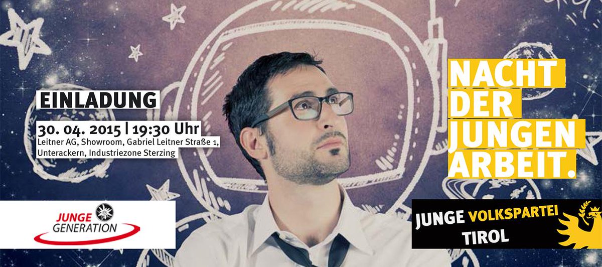 jvptirol's tweet photo. EINLADUNG DER #JVPTIROL ZUR NACHT DER JUNGEN ARBEIT – 30. April
um 19:30 #intirol – http://t.co/eF7IbKfqyz #ibktwit http://t.co/zHONO2UiAE