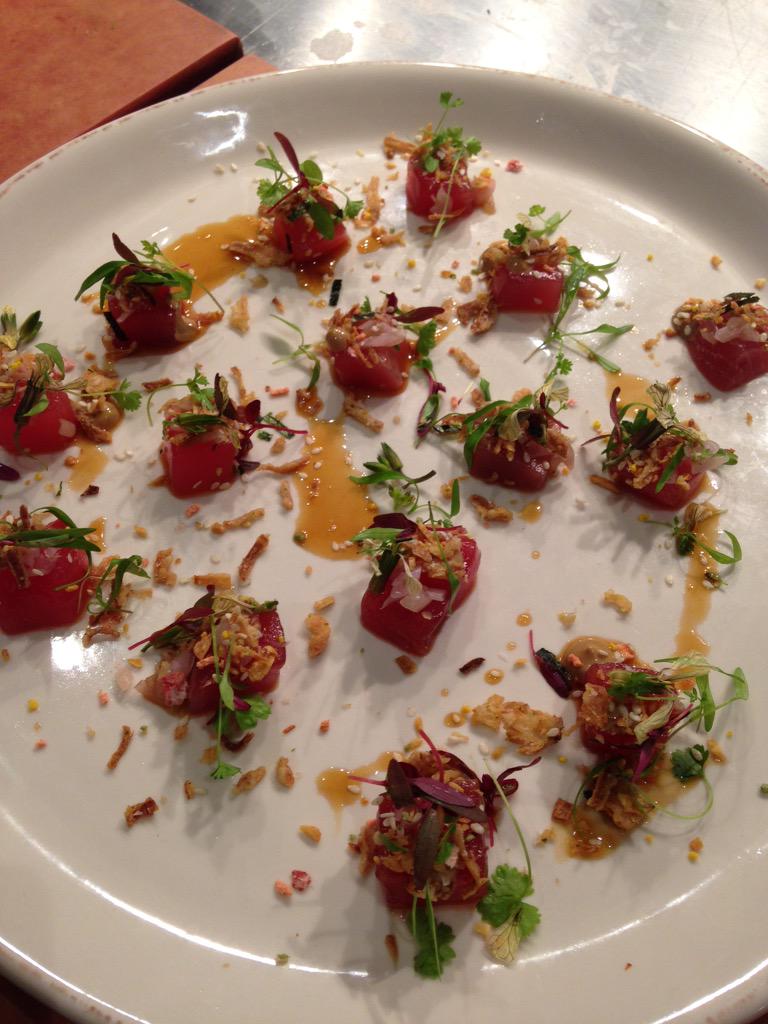 CookWellDC's tweet photo. Riff off of @Chef_mbaker Sesame and Mirin marinated Tuna, Black Garlic Aioli, Pickled Ramps and Japanese crunchies http://t.co/Kcy8eFmdvP