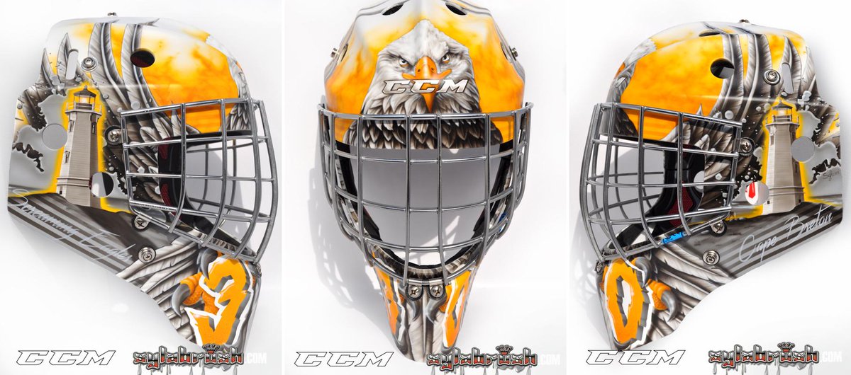 Sylabrush's tweet photo. ALEXANDRE BÉLANGER New airbrushed mask #SylabrushAirbrush!!!  Cape Breton, Screaming Eagles (LHJMQ) @Tendy_Gear http://t.co/UlwwyCUVhT