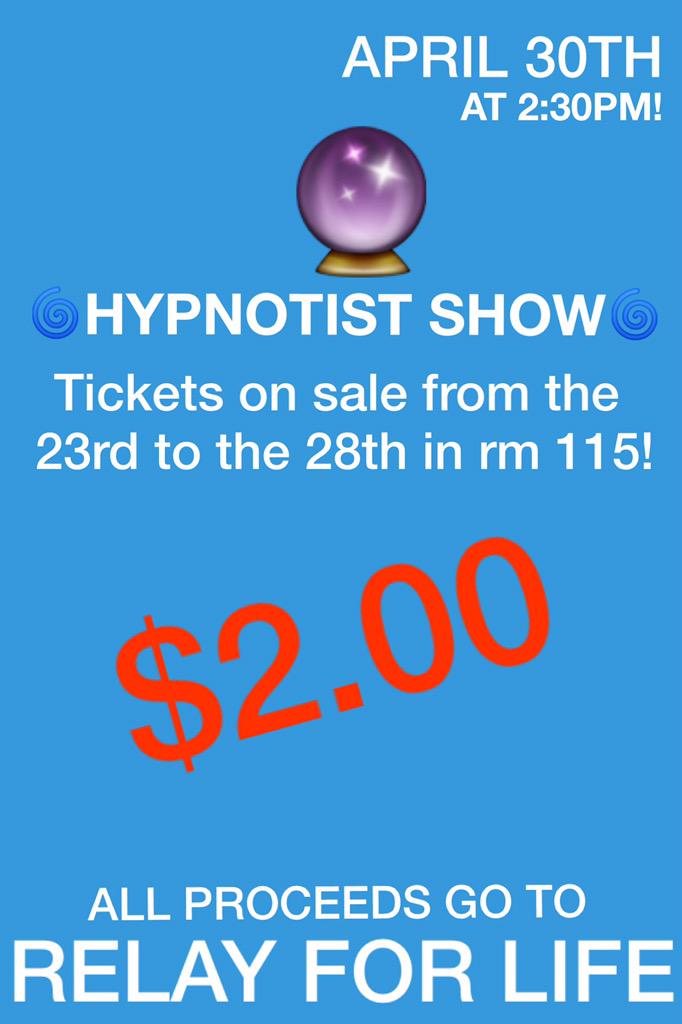 SilverthornSAC's tweet photo. 🌀dont forget to come buy out for our  hypnotist show, all proceeds go to relay for life!🌀 http://t.co/i0dEQtlf2y
