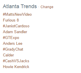 CodyNichelson's tweet photo. What do Adam Sandler, Furious 8 and @UGAGrady have in common? All trending on Twitter in the ATL tonight. #GradyChat http://t.co/tzb47Nul2D