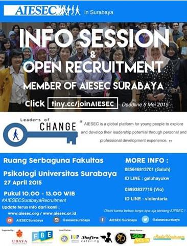 Info:
Open Recruitment member of AIESEC Surabaya. So, join AIESEC and reveal your leadership potential!