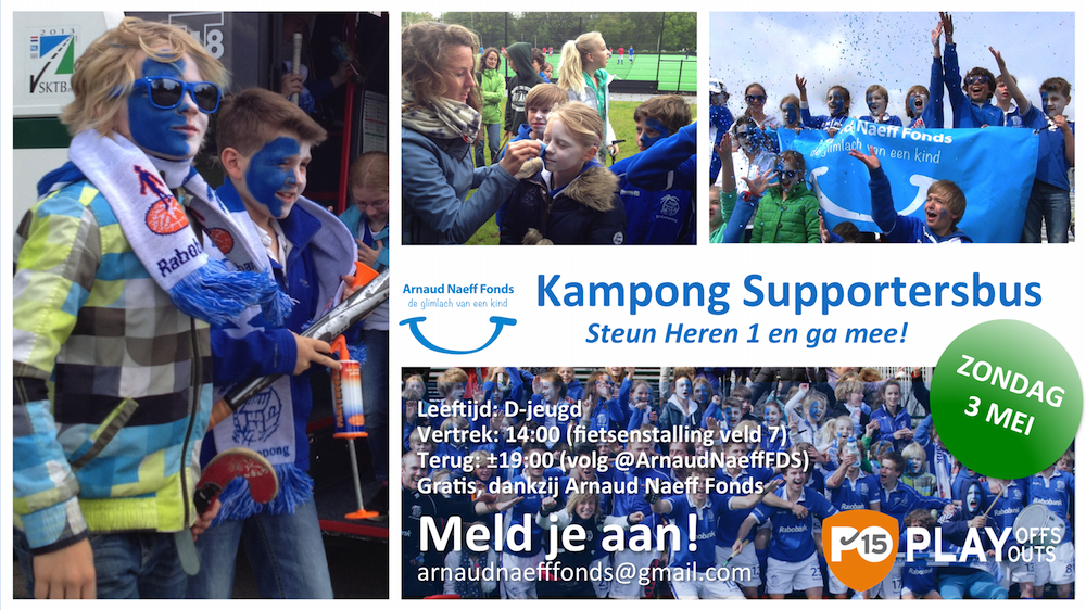 D-jeugd <a href="/KampongHockey/">SV Kampong Hockey</a> zondag 3 mei gratis mee met <a href="/ArnaudNaeffFDS/">Arnaud Naeff Fonds</a> supportersbus! <a href="/KampongHeren1/">Kampong Heren 1</a> #PO15 <a href="/BWA_Kampong/">Blue White Army</a>