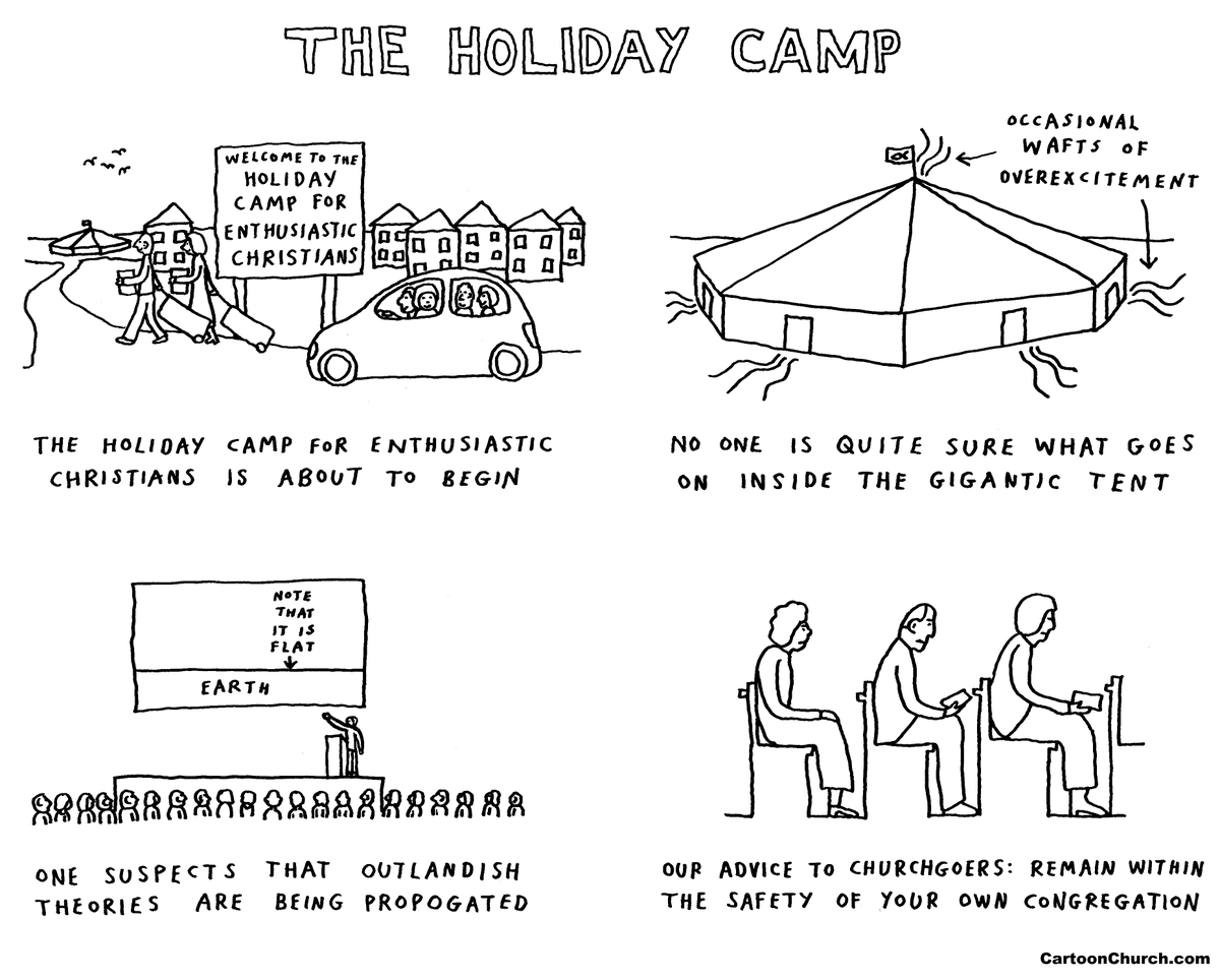 [Church cartoon] The holiday camp for enthusiastic Christians davewalker.cc/christian-holi…