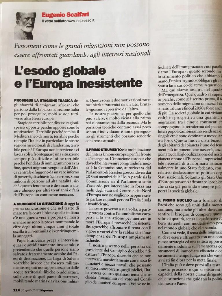 DinoFalconio's tweet photo. Sull'Espresso di stamani Scalfari e @VicinanzaL sul vero dramma globale del secolo: le grandi migrazioni http://t.co/mDkSZFWCep