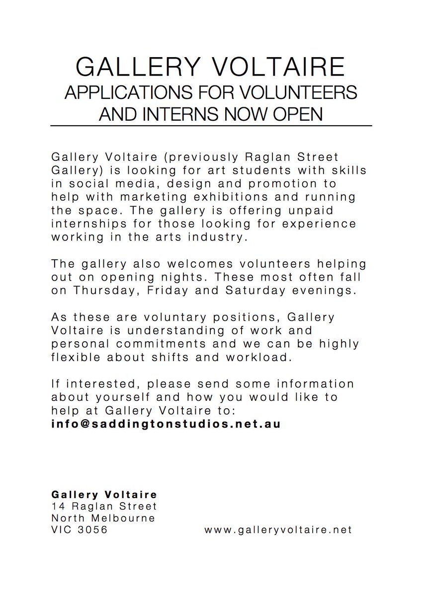 GalleryVoltaire's tweet photo. Looking for an internship in the arts industry? #internship #fineart #melbourne http://t.co/Th47TWRgGT