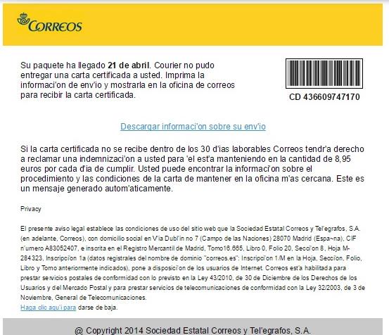 policia's tweet photo. #NOPIQUES en el link!Contiene virus cryptolocker #Danger RT @miosidi: Estafa vía mail simulando ser @Correos @policia http://t.co/tt1340CUCb
