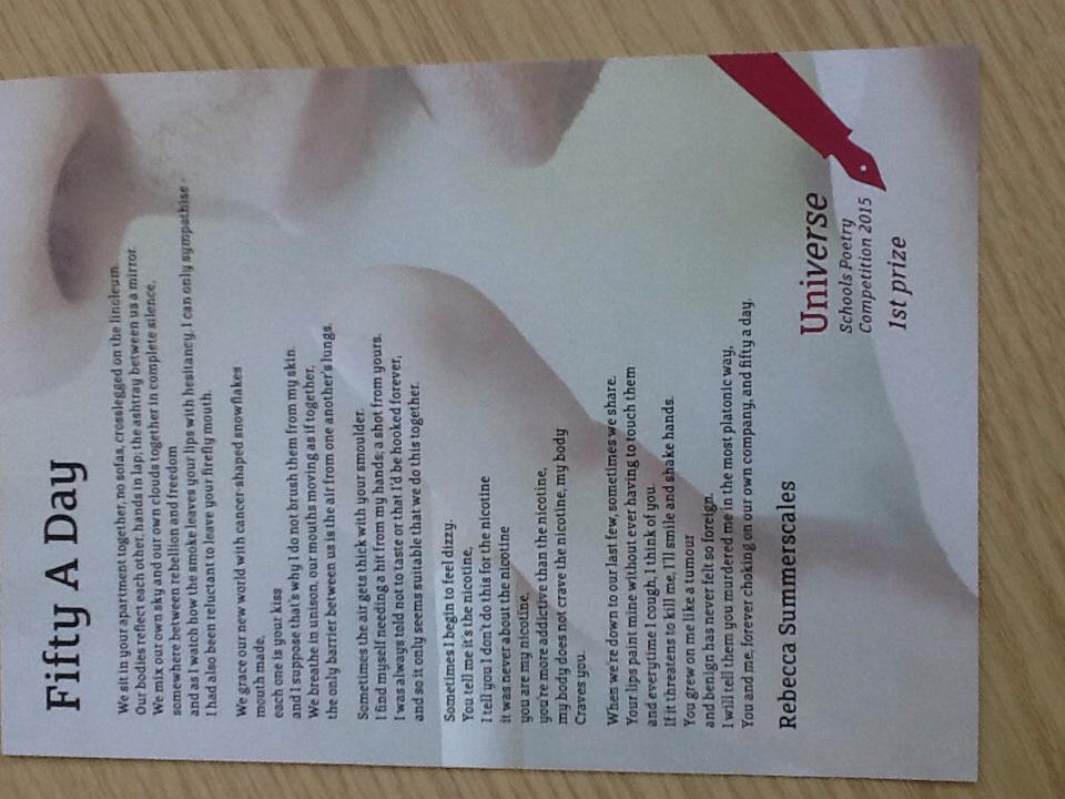 BilboPrincipal's tweet photo. Fifty A Day - poem by Rebecca Summerscales @BilboroughCol -awarded 1st prize @sheffhallamuni #shuniverse15 last night http://t.co/DW7EfKtAkz