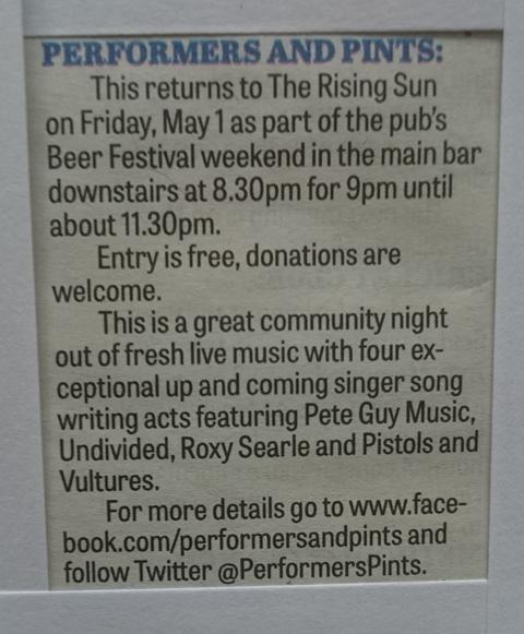 Join us on Friday 1st May <a href="/RisingSunPotton/">Rising Sun</a> 9pm with <a href="/PeteGuy_1/">Pete Guy / FEATHER HOUSE</a> @chezleemusic <a href="/ZakkZoot/">Zakk Zoot</a> <a href="/RoxySearle/">Roxy</a> <a href="/PistolsVultures/">Pistols & Vultures</a>