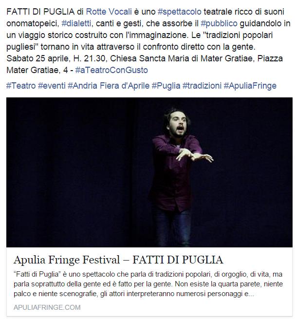 ApuliaFringe's tweet photo. FATTI DI #PUGLIA di Rotte Vocali, alla scoperta delle tradizioni pugliesi
Sabato #25aprile #Teatro #apuliafringe http://t.co/lhjFVNCLeG
