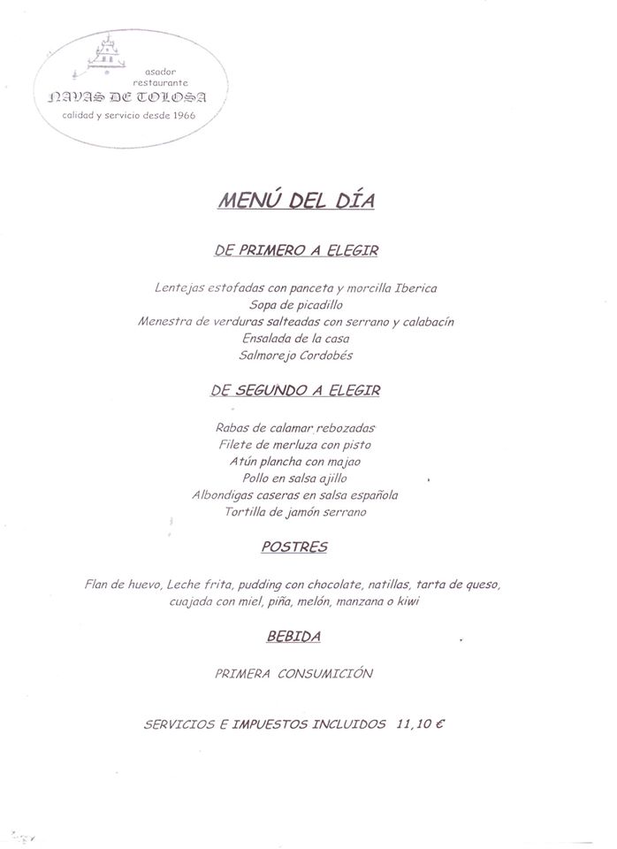 MENÚ "RESTAURANTE NAVAS DE TOLOSA" PARA HOY VIERNES 24 ABRIL
