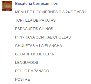 MENÚ "BOCATERÍA CORRECAMINOS" PARA HOY VIERNES 24 ABRIL