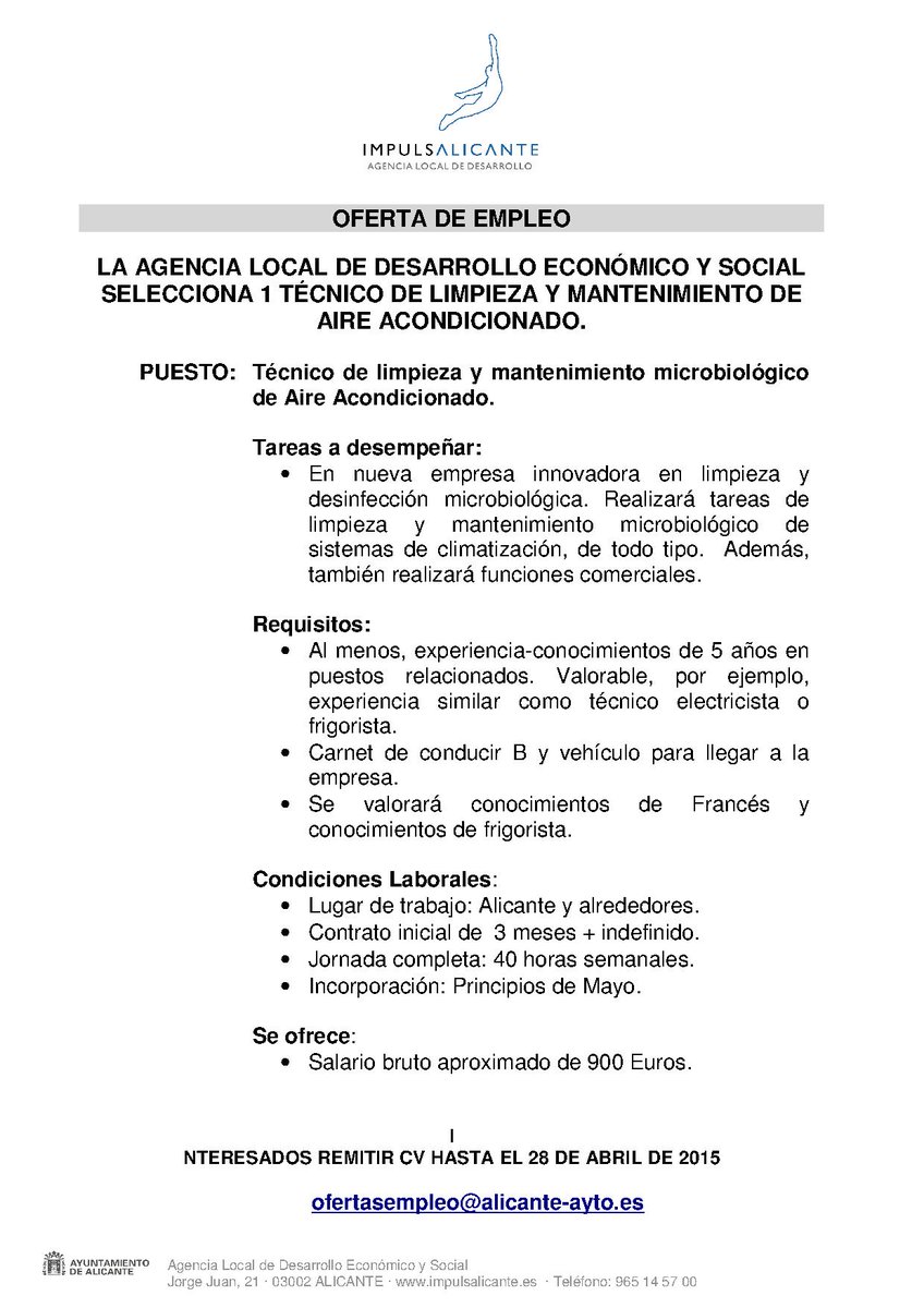 ImpulsAlicante's tweet photo. Oferta de #trabajo Técnico de limpieza y manto. de aire acondicionado. http://t.co/SdsEoDmbco envío cv hasta 28/04 http://t.co/mBEku2bR9u