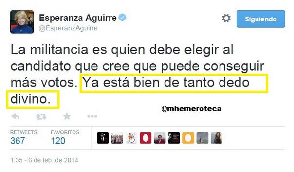 eldiarioes's tweet photo. Cuando Aguirre rechazaba el 'dedo divino' a la hora de formar listas (2014) http://t.co/jGAr1eb3Eq En @Mhemeroteca http://t.co/jhql8m4for