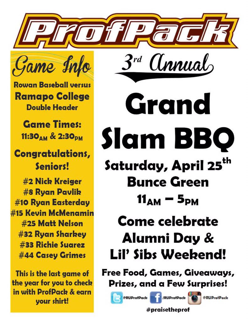 Come out this Saturday for the 3rd annual Grand Slam BBQ with ProfPack and the @Rowan_Baseball team! See flyer below!