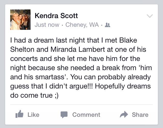 Kendra24Scott's tweet photo. @blakeshelton @mirandalambert Any chance that my dream will come true?! 😉😏😂 http://t.co/4DZWHnzgDQ