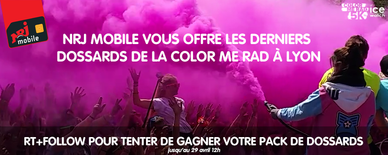 NRJMobile's tweet photo. RT+Follow pour tenter de gagner les 10 derniers dossards pour la #ColorMeRad à Lyon #RadNRJMobile #RadLyon http://t.co/FgpOCFubVb