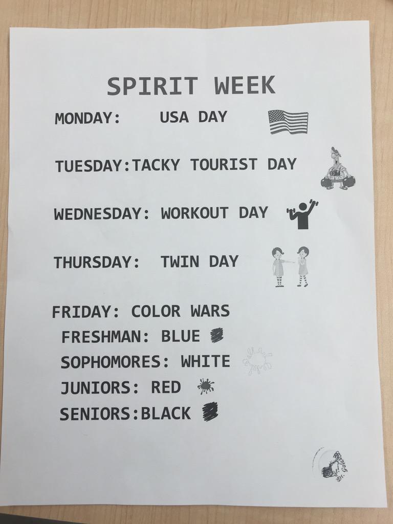Officially sprit week starts Monday and the pep rally is May 1st RT for everyone to know!!!