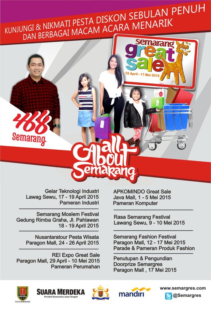 pesonaSMG's tweet photo. Ini ndaaa Rangkaian HUT Kota Semarang ke 468. Ada @SemarGreatSale , @smgnitecarnival juga lho @humaspemkotSMG http://t.co/0KI2zcndyk
