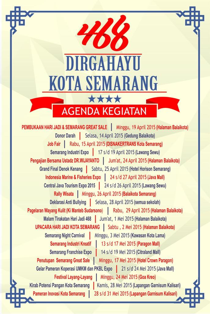 pesonaSMG's tweet photo. Ini ndaaa Rangkaian HUT Kota Semarang ke 468. Ada @SemarGreatSale , @smgnitecarnival juga lho @humaspemkotSMG http://t.co/0KI2zcndyk