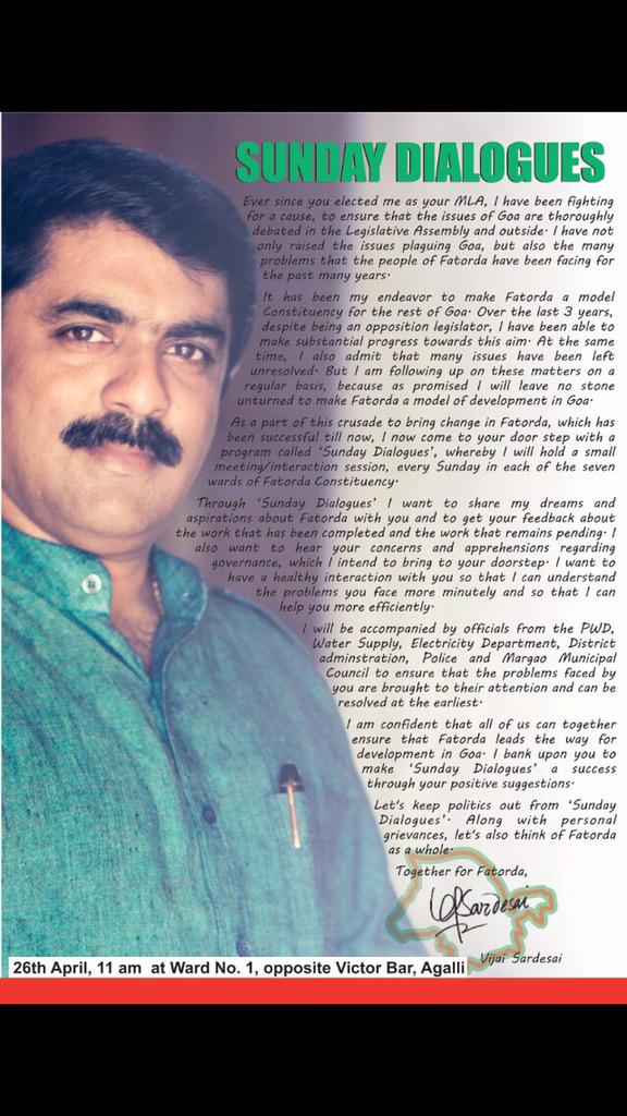 VijaiSardesai's tweet photo. #SundayDialogues from this Sunday26/4/15 @#Fatorda ! #Governance @ doorstep! #GrievanceRedressal!#AntiCorruptionDrive http://t.co/qKzmnrGrsK