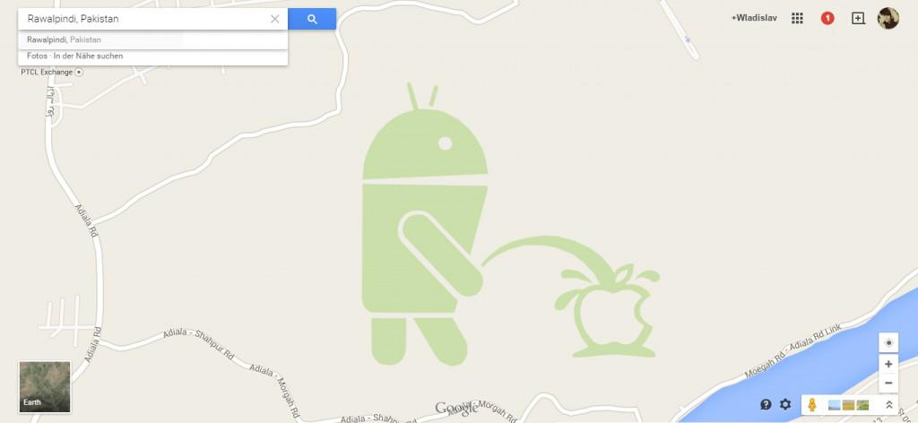 Kurioses - Easter Egg bei Google Maps - Android-Roboter pinkelt auf Apple-Logo