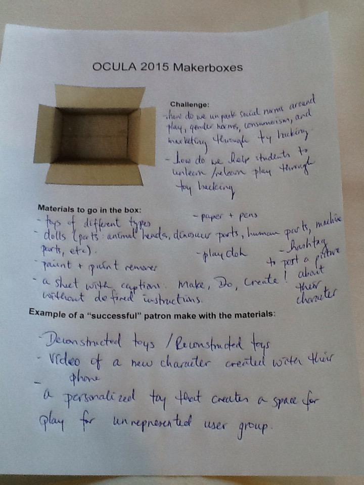 CollaLibrarian's tweet image. Rad #makerboxes project plan with @AnnLudbrook @ck_mills @dansich @spoonbop #OCULA2015