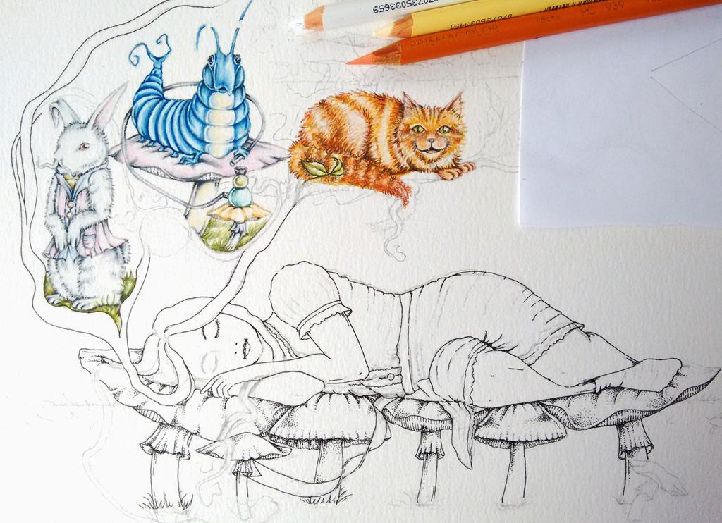 treetopthree's tweet photo. Working on my "Sleeping Alice" commission #illustration #AliceInWonderland #bluecaterpillar #pencilcrayon http://t.co/49JnLRrwQR