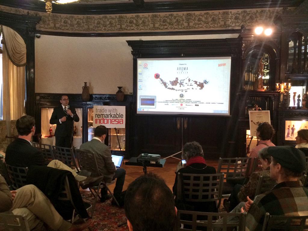 Promoting Indonesian coffees abroad. Screening of "Aroma of Heaven" movie is happening now at the Embassy
