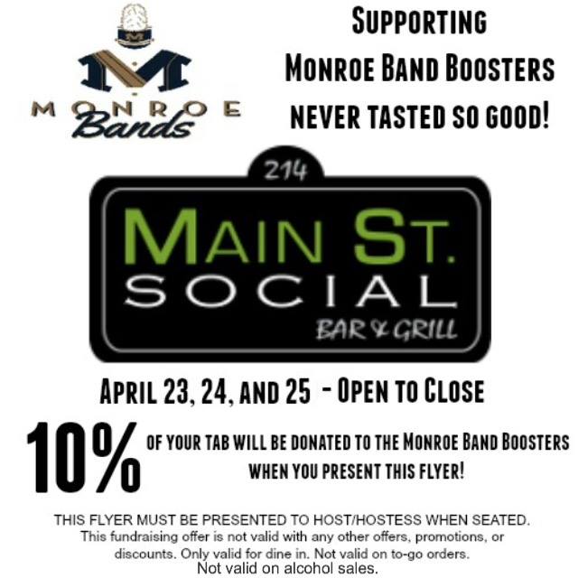 MonroeBandBoost's tweet photo. Dine @ Main St. Social Bar &amp; Grill NOW thru Sat w/flyer &amp; 10% of sales go 2 support Monroe Band programs! #monroeband http://t.co/FXFa0oqpxE