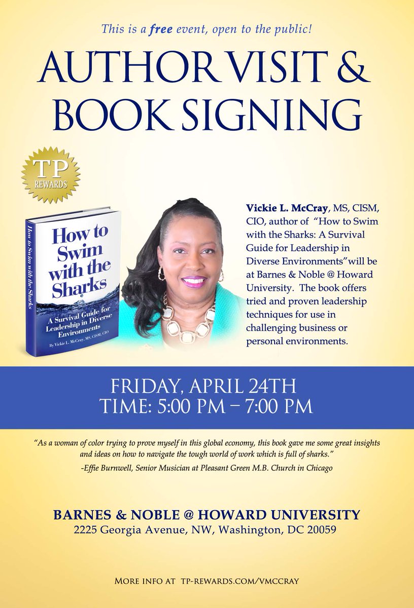 TPRewards's tweet photo. Author Vickie McCray's book signing at the Howard University Bookstore will be today at 5 p.m.! See you there! http://t.co/tLkjivuryo