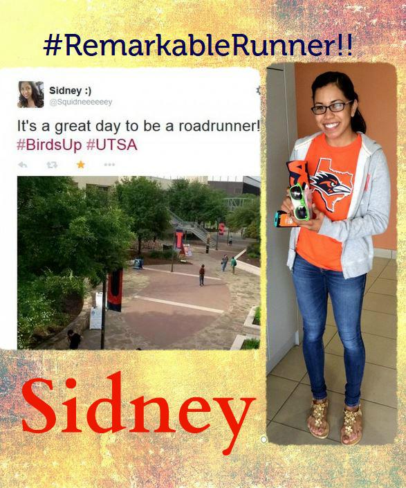 UTSACampusSrvcs's tweet photo. @Squidneeeeeey is our #RemarkableRunner this week! SO impressed w/ her #UTSAspirit! keep up the great work! #UTSA http://t.co/u6MRb6bJKo