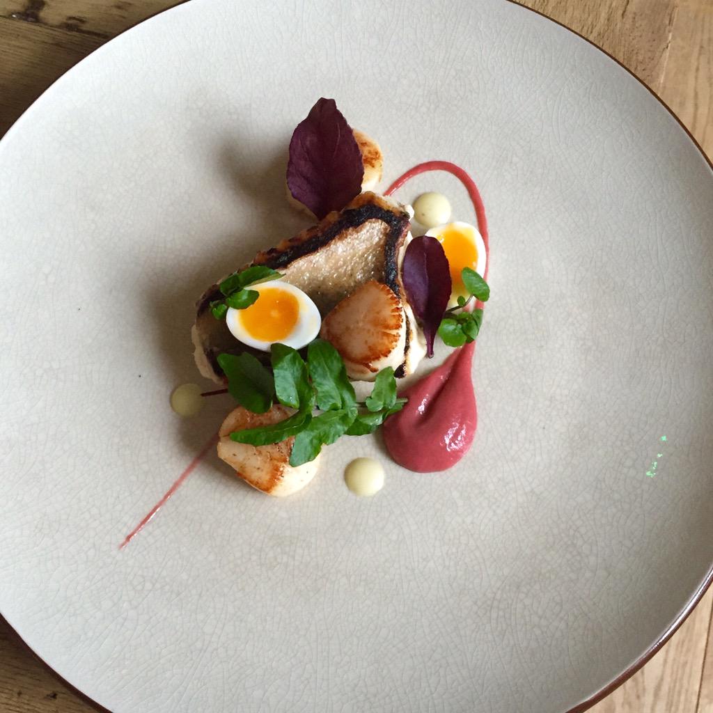 ChefTomMackins's tweet photo. Pan fried gurnard, seared scallops, quail eggs, water cress and rhubarb-ginger puree. #FeedYourEyes @TakeStockMag http://t.co/WEUdzsAk2V