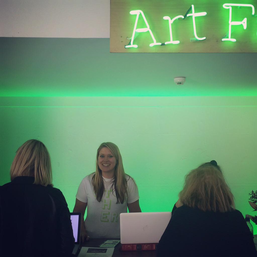 TheOtherArtFair's tweet photo. The lovely @CleoPlum greeting our visitors #theotherartfair #london #bloomsbury #artfair #openuntil8 http://t.co/PK1aBWnBDm