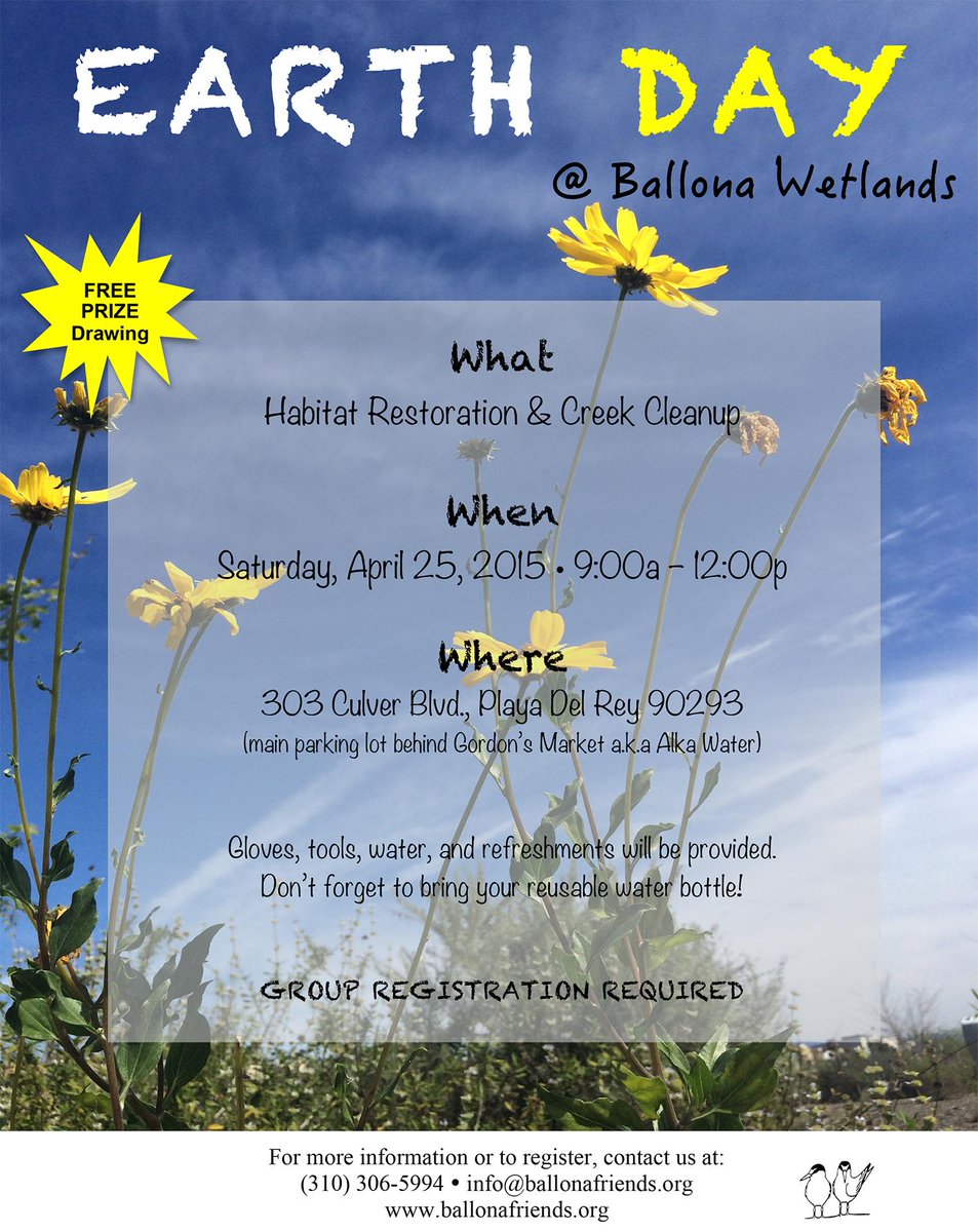 Celebrate #earthday with <a href="/ballonafriends/">Ballona Wetlands</a> tomorrow for a #ballonawetlands cleanup from 9AM-12PM!