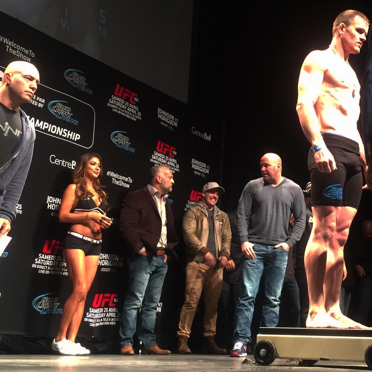 tommywalkup's tweet photo. Just standing on stage at the #UFC186 weigh-ins. #NoBiggie #IHopeTheyCantSmellFear #BudLightLiving @danawhite http://t.co/nLIRSZDytF