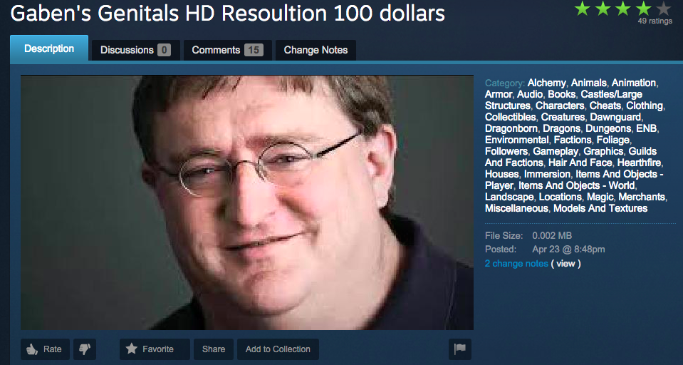 Kotaku's tweet photo. The most ridiculous Skyrim mods people are trying to sell on Steam: http://t.co/k70lz43ODJ http://t.co/y1ERAuK6W2