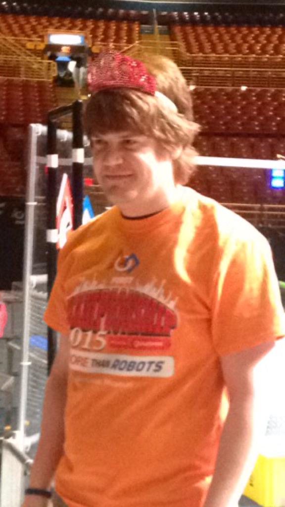 FRC708's tweet photo. Newton's #dearFieldSupervisor and our mentor wearing his tiara at #FIRSTChamp http://t.co/MwIvk4kA4p