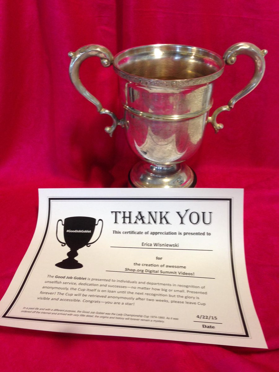 ShopOrgSummit's tweet photo. And the #GoodJobGoblet goes to @EricaWis for her awesome #shoporg15 video! Great work! http://t.co/wMPquQGvhm http://t.co/Y7jJWr9gxD