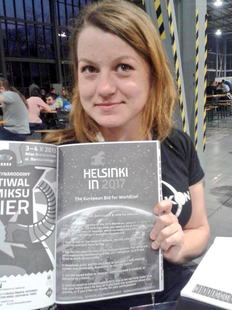worldcon75's tweet photo. #TeamHelsinki in StPetersburg #Eurocon2015, Chicago #C2E2, Guangzhou, Poland #Pyrkon2015 & #Helsinki for #popcultfi! http://t.co/hLT0hrwOep