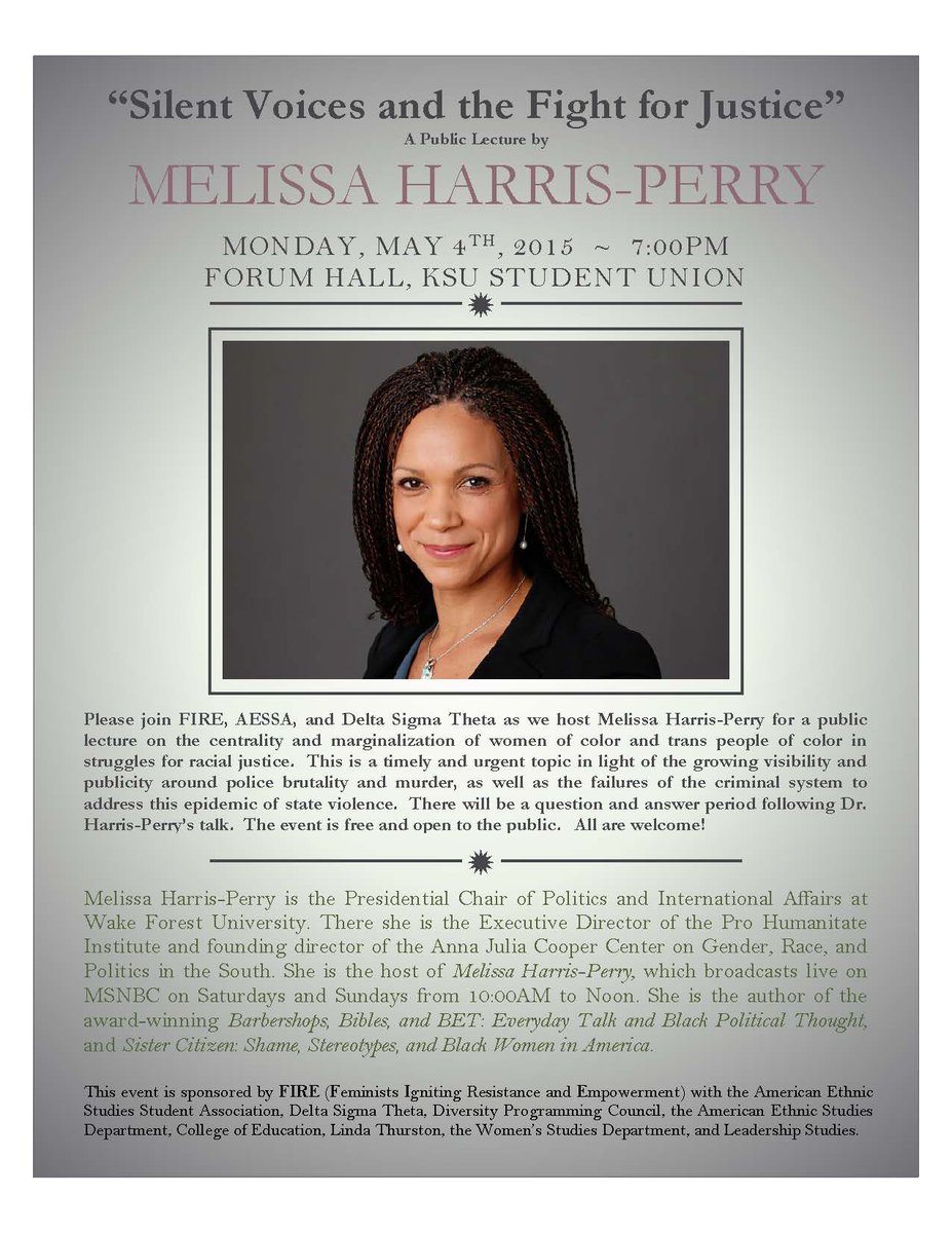 Join <a href="/MHarrisPerry/">Melissa Harris-Perry</a> from <a href="/msnbc/">Dannyelle</a> for a lecture on racial justice on May 4 at 7 PM in Forum Hall of the Student Union.