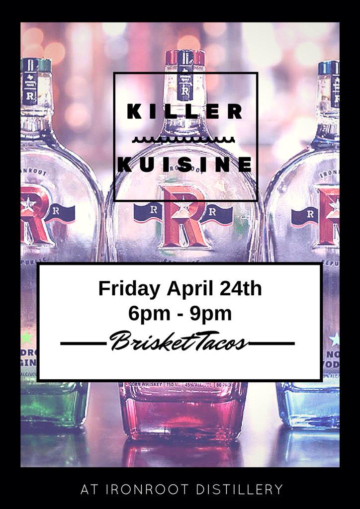 Killer_Kuisine's tweet photo. Tonight we eat brisket tacos & sip on exquisite cocktails at @IronrootWhiskey ๐ธ#KillYourHunger #Texas #Vodka http://t.co/1PGEPRvDkW