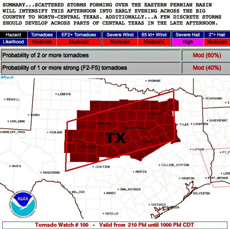 stormchaser4850's tweet photo. Developing: (@NWSSPC): 60% probability #tornadoes in #Texas watch area; 40% for STRONG tornadoes. #Dallas #FortWorth http://t.co/IQgnAljT9D